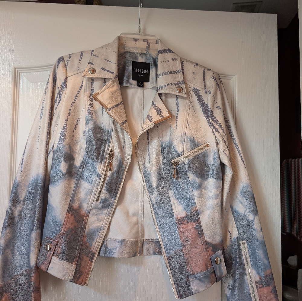 Insight Women's Artistic Blue and Cream Vegan Leather Jacket